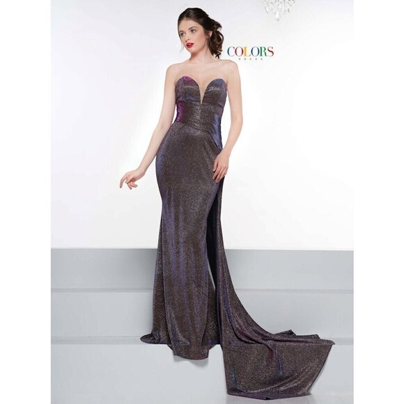 Colors Dress Glitter Stretch Gown with Train 2076 Fuchsia/Multi - Picture 1 of 6
